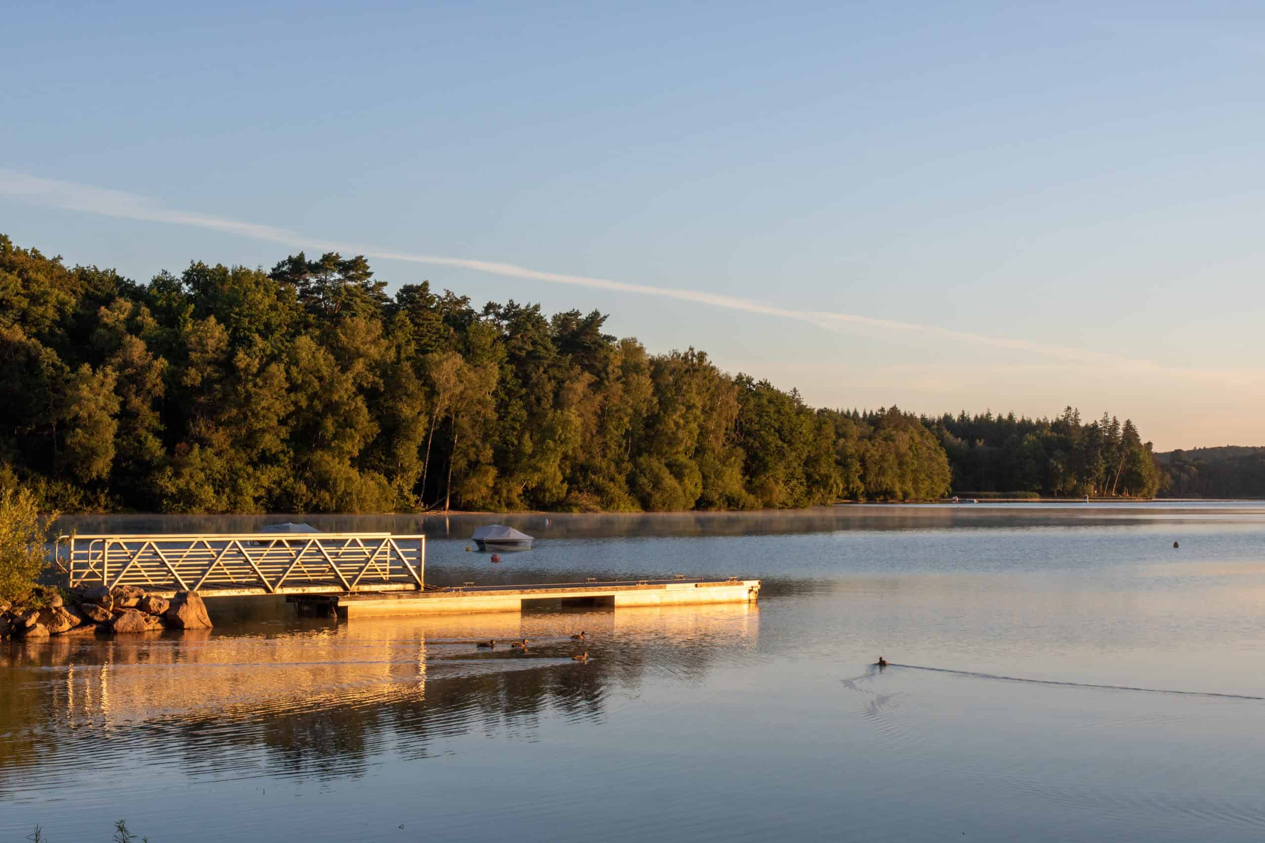 ponton sur le lac des settons, à l'aube